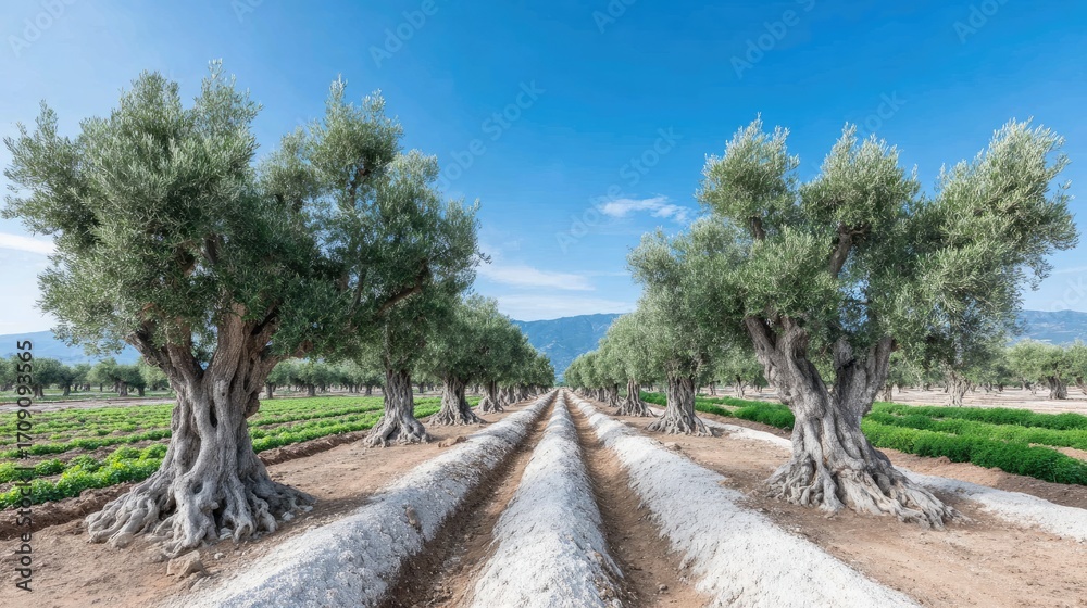 Fototapeta premium An ancient olive grove at sunset, harmonious coexistence of old trees and new crops, golden light, rustic agricultural scene