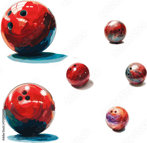 set of bowling ball in color style, set of sports equipment isolated on white