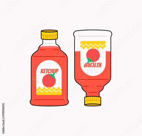 Two ketchup bottles, one standing upright and the other upside down, both with tomato label designs and yellow caps vector illustration hand drawn style for food, cooking, condiment icon or sign