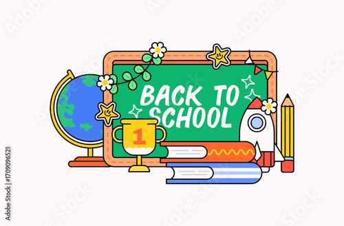 Colorful vector illustration of a chalkboard with Back to School text surrounded by school elements like books, a globe, pencil, trophy, and rocket perfect for education, learning, and classroom icon