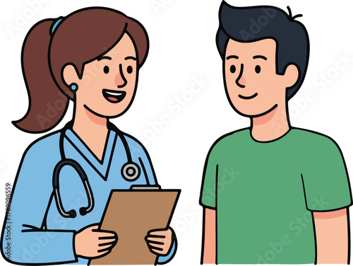Smiling doctor consults with young male patient in clinic, discussing medical history and treatment options with empathy and care.