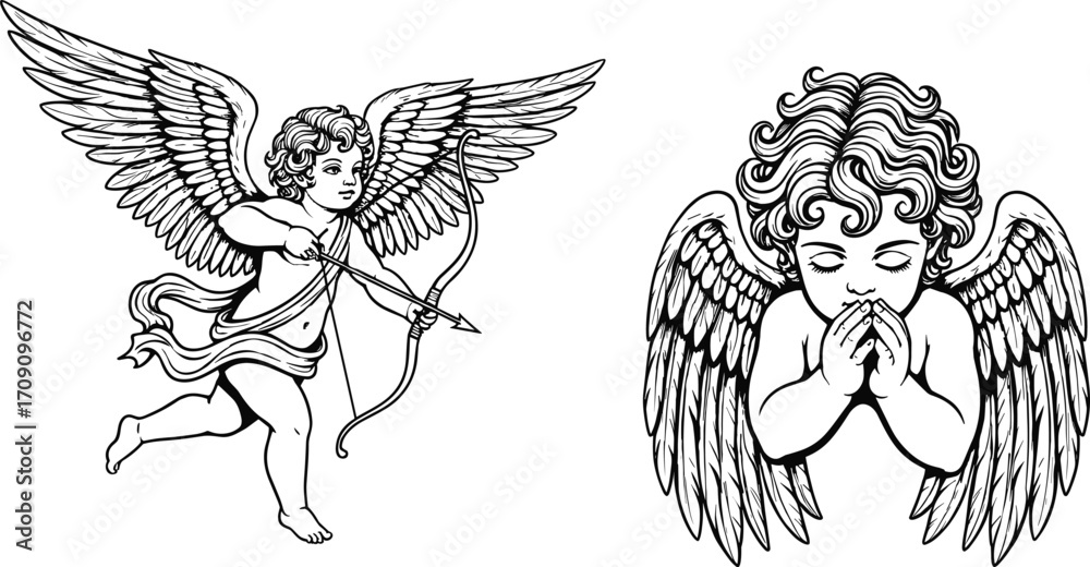 Fototapeta Vintage angel cherubs with wings, one aiming bow and arrow, the other praying, c