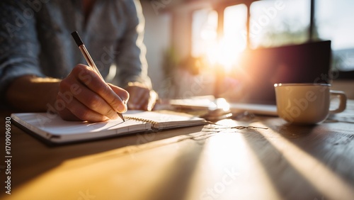 Life Planning & Goal Setting realistic photography of a young professional writing goals in a notebook with sunlight on the desk