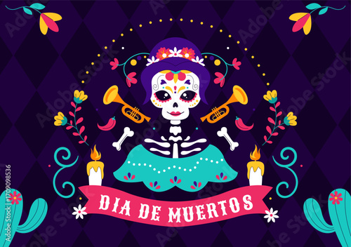Dia de los Muertos or Day of the Dead Vector Illustration featuring a Skeleton Playing Music, Wearing a Sombrero and Traditional Mexican Costume