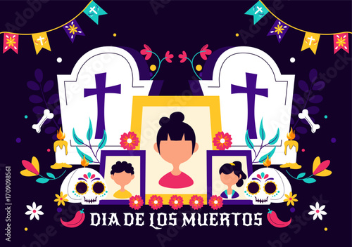 Dia de los Muertos or Day of the Dead Vector Illustration featuring a Skeleton Playing Music, Wearing a Sombrero and Traditional Mexican Costume