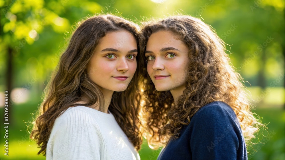 Fototapeta premium Twin young woman curly hair green eye outdoor natural light Two young identical twin women with curly hair and green eyes standing close together