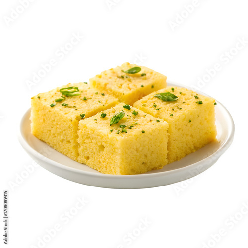 Four Yellow Savory Cake Squares Garnished with Herbs on White Plate dhokla indian food
