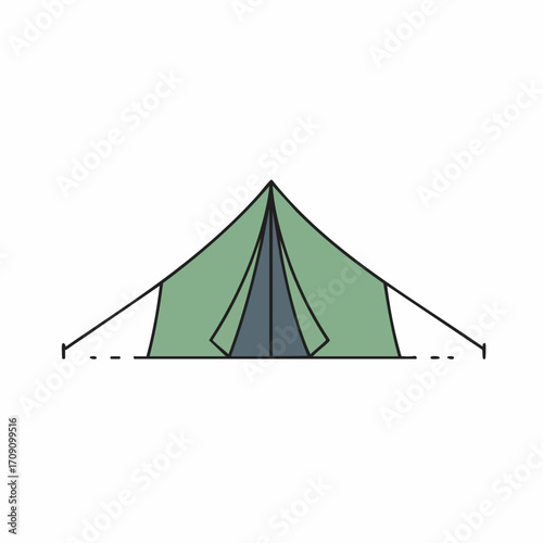 Green camping tent with a triangular shape and a dark grey entrance