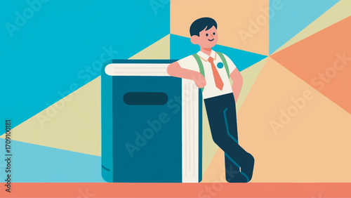 Illustration Of A School Child Leaning On A Book Vector Design Template