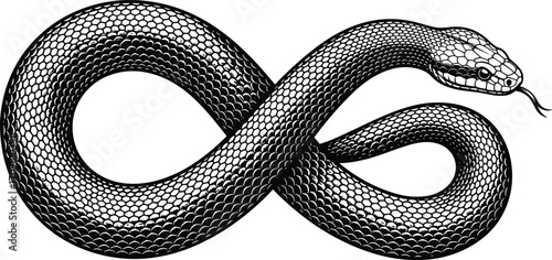 Detailed Black Snake Illustration, Infinity Loop Shape, Scaled Reptile Art, Symbolic Snake Design, Vector Tattoo Idea, Wildlife Drawing, Monochrome Snake