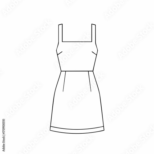 Minimalist dress sketch with square straps and subtle hem detail, fashion design illustration