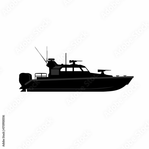 Silhouette of a heavily armed patrol boat with antennas and mounted guns