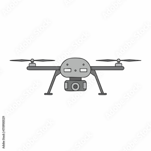Gray Drone with Camera and Propellers, Front View, Isolated Illustration