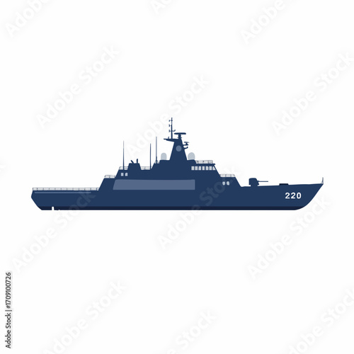 Navy blue warship with number 220, featuring radar and antenna array