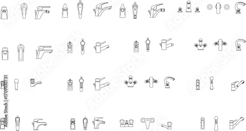 A black and white outline vector set of modern and classic basin mixer taps with single-lever or dual-handle designs.