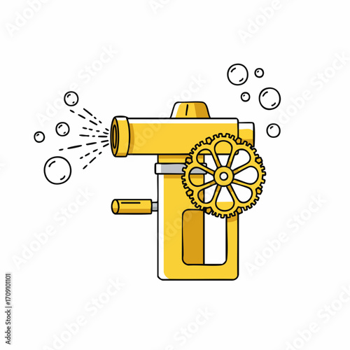 Yellow Crank-Operated Bubble Gun Machine Producing Bubbles