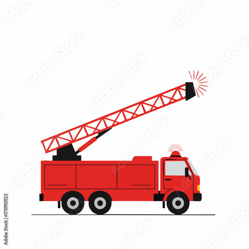 Red Firetruck with Extended Ladder and Flashing Light, Side View
