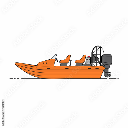 Orange airboat with three seats and a propeller engine, side view
