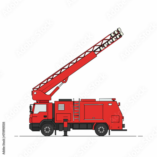 Red Firetruck with Extended Ladder and Multiple Spotlights Illustration