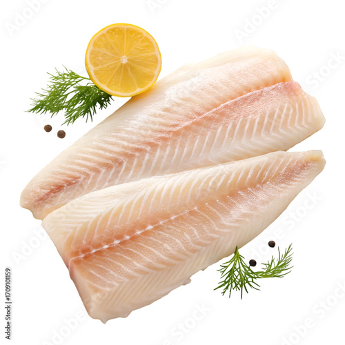 Two raw fish fillets with lemon and dill on black background seafood uncooked