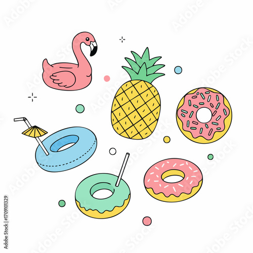 Playful Summer Icons: Flamingo Float, Pineapple, and Frosted Donuts Illustration