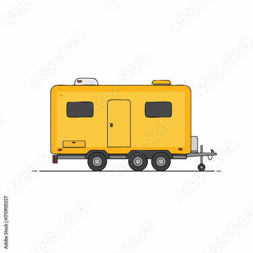 Bright Yellow Camper Trailer Illustration Depicting Travel and Adventure.