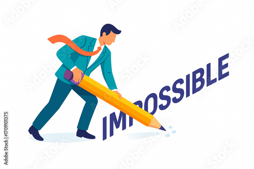 Ambitious businessman transforms impossible into possible by writing with a giant pencil