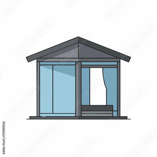Minimalist Glass Gazebo with Gray Roof and Blue Curtains Illustration