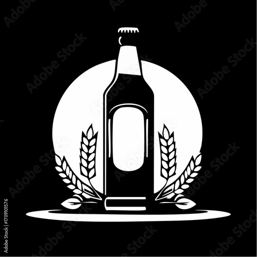 A stylized white illustration of a beer bottle with a blank label, flanked by wheat stalks, set against a circular background on a dark backdrop.