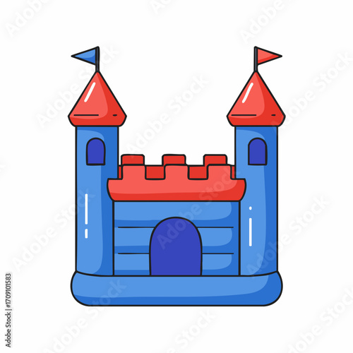 Playful Inflatable Castle with Red Roofs and Blue Towers.