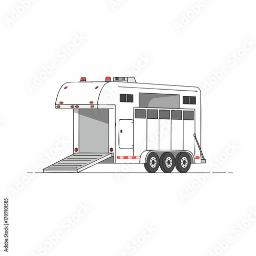 White Horse Trailer with Open Ramp and Three Axles, Side View