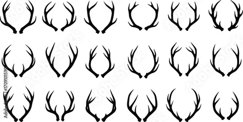 Deer antlers vector set, black silhouette horns, hunting design elements, wildlife decoration, rustic style, animal horn illustration, vintage emblem