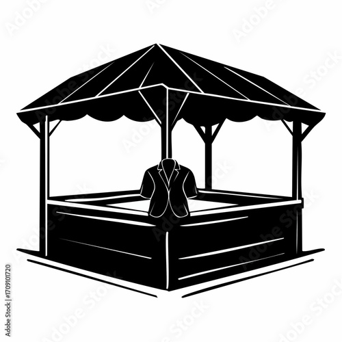 Silhouette of a jacket draped over the railing of an open-air gazebo structure with a polygonal roof.