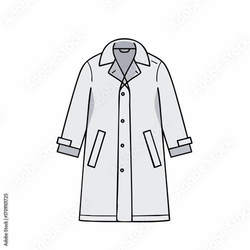 Simple Illustrated Gray Trench Coat with Buttoned Front and Pockets