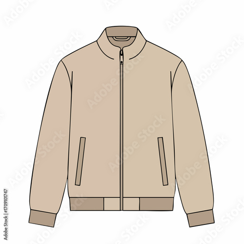 Front View of a Light Brown Bomber Jacket with Ribbed Cuffs and Waistband