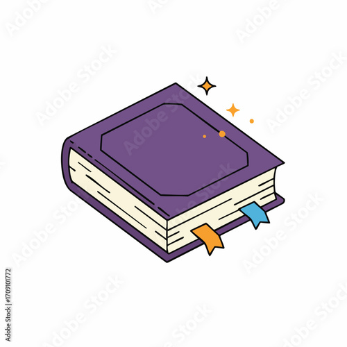 Isometric purple book with orange and blue bookmarks and sparkling details