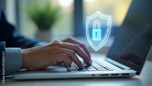 Hands typing on a laptop, featuring a glowing blue digital security shield with a padlock icon, representing essential online data protection, robust cybersecurity, and digital privacy