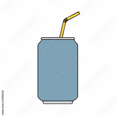 Simple Blue Soda Can with Yellow Straw, Refreshing Beverage Concept.