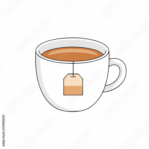 Cartoon illustration of a white teacup with a tea bag and brown liquid