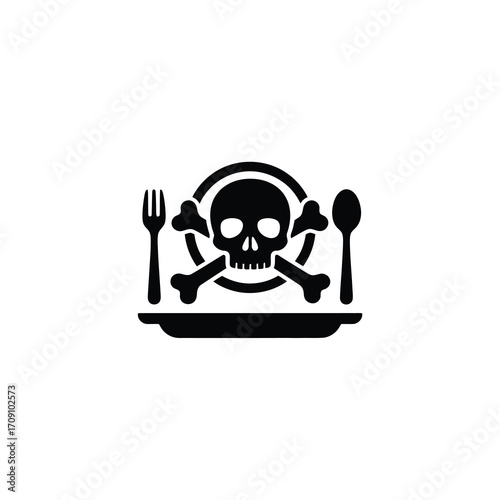 Skull and crossbones symbol on a dinner plate with cutlery, representing food poisoning or a dangerous meal