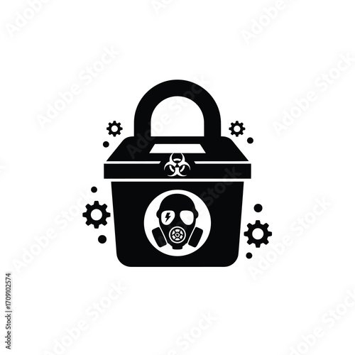 Vector illustration of a biohazard containment box, featuring a gas mask icon and toxic waste symbol for safety and danger concepts