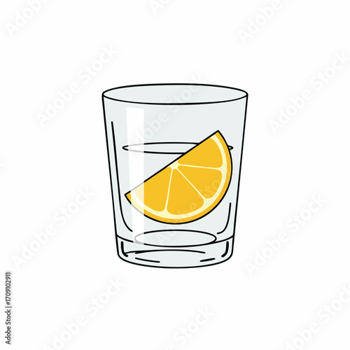 Stylized Shot Glass with Water and Orange Slice, Simple Line Art