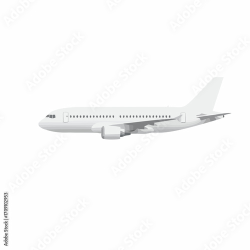 Sleek white passenger airplane with multiple windows, side view, ready for flight