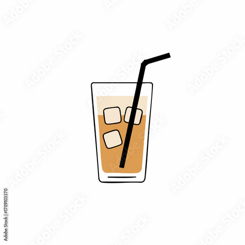 Refreshing Iced Coffee Illustration with Ice Cubes and Straw, Minimalist Design.