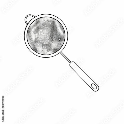 Simple Line Art Illustration of a Round Mesh Kitchen Sieve with Handle