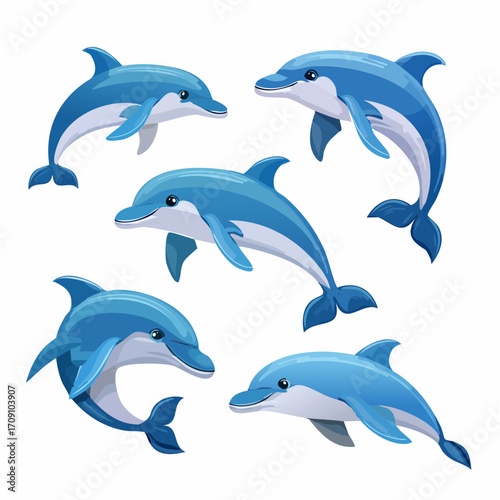 A charming vector illustration set of five blue dolphins in different dynamic and playful poses, isolated on a white background for easy use