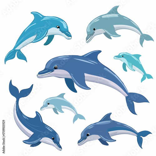 Vibrant illustration showcasing a pod of playful dolphins in various dynamic poses and shades of blue, creating a lively aquatic scene