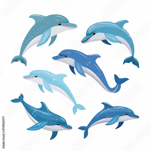 Captivating illustration showcasing a collection of diverse and dynamic dolphins in various playful poses and styles
