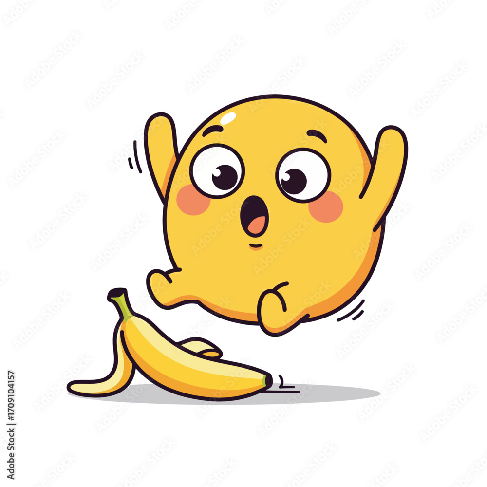 Fototapeta premium A funny yellow cartoon character with a shocked expression slipping on a discarded banana peel, illustrating a clumsy accident or surprise
