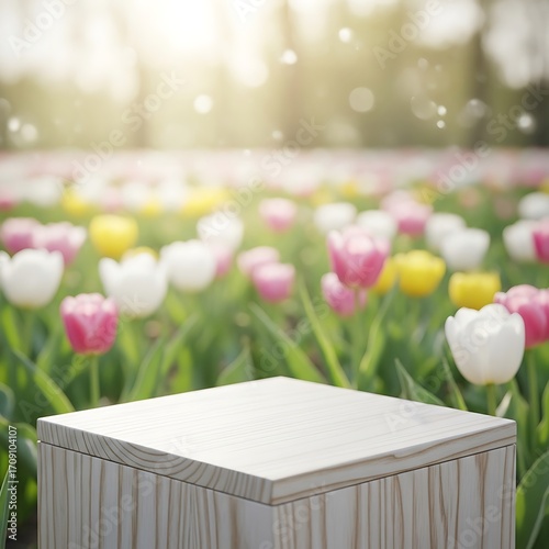 A light wood block sits on a vibrant field of tulips, showcasing a tranquil spring scene.